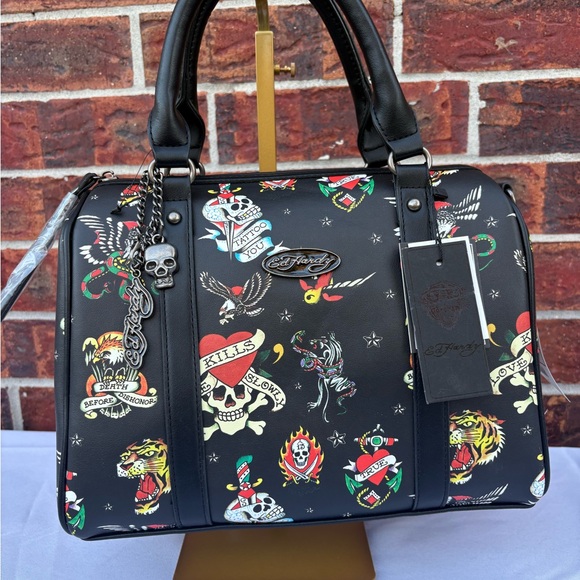 Ed Hardy Handbags - Ed Hardy Black Multicolor Tattoo Satchel with Bag Charm